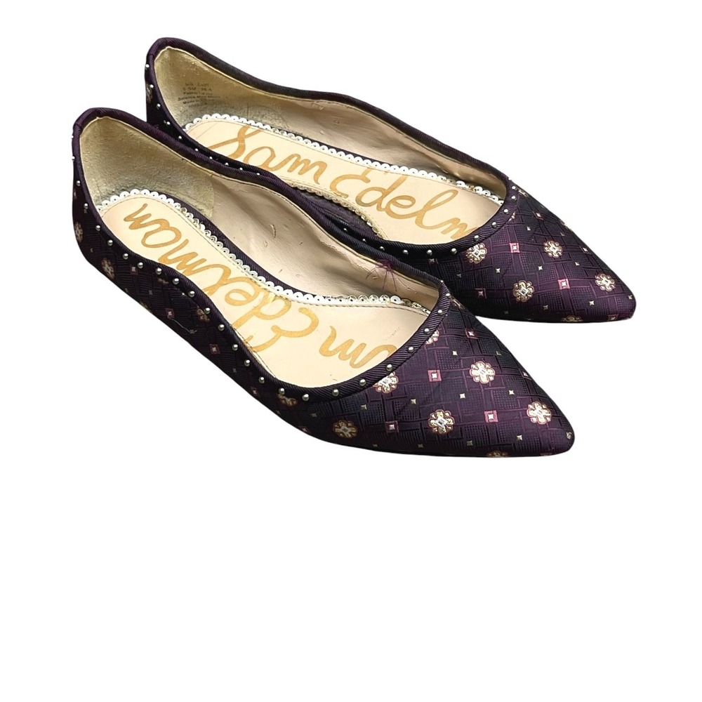 Sam Edelman Women Purple Pointed Toe Flats Size 6.5 Jacquard Studded Floral - Picture 2 of 13
